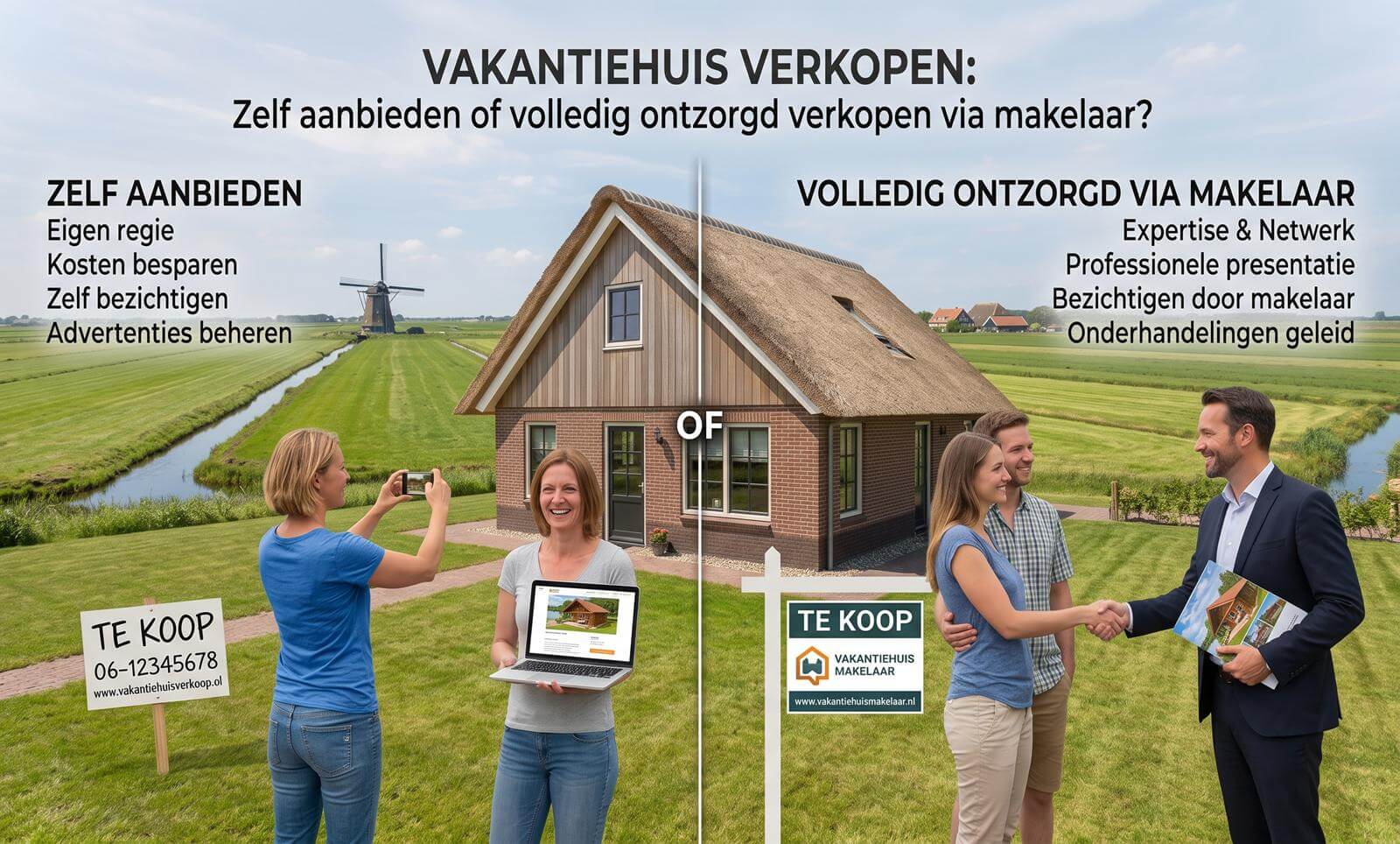 Bij Vakantiehuistekoop.nl bepaalt u zelf of u uw vakantiehuis zelf verkoopt of de verkoop overlaat aan een gespecialiseerde recreatiemakelaar.